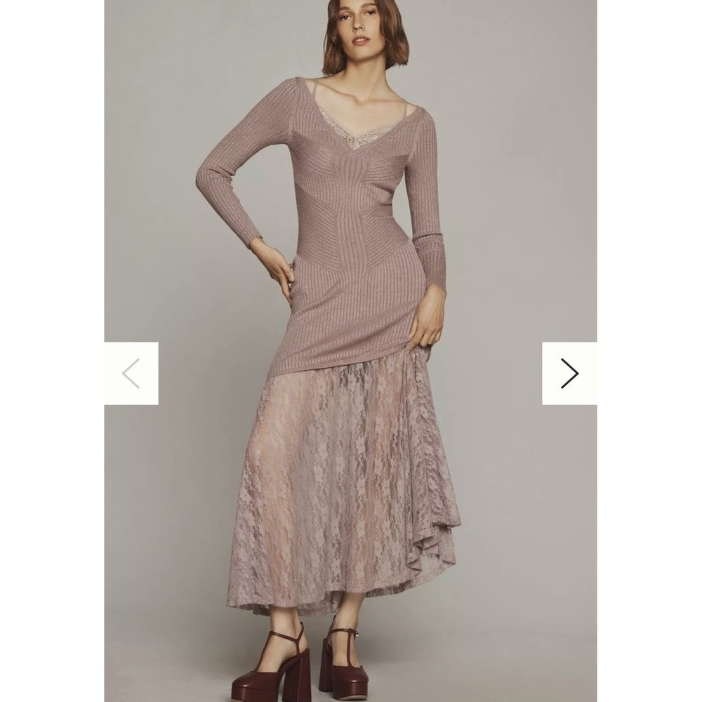 Anthropologie Mauve Ribbed Knit Maxi Dress Lace Hem S Mermaid Boho Chic